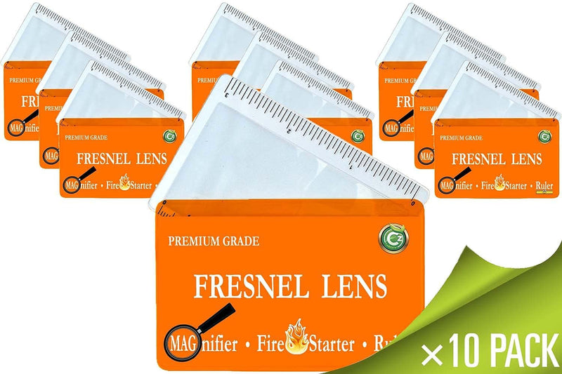 10 pk Premium Grade Fresnel Lens 4X Magnifier Orange Pouch Pocket Wallet Credit Card Size Solar Fire Starter Ruler