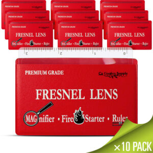 Fresnel Lens 4X Magnifier Pocket Wallet Credit Card Size • Ruler, Magnifier, Solar Fire - Unbreakable Plastic (10 Pack - Red)