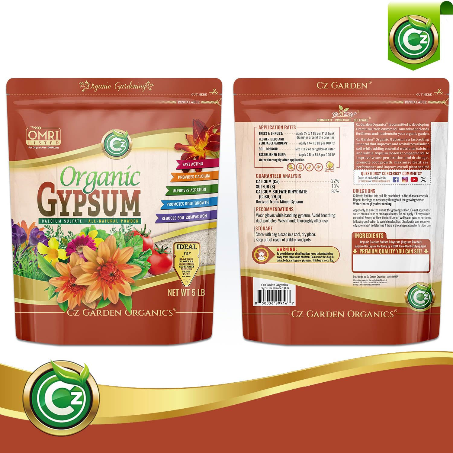 Organic Gypsum Powder 5LB - Made in USA - OMRI Listed - Calcium Sulfate Dihydrate - Garden Soil Amendment Fertilizer for Lawns, Plants, Mushroom Cultivation. Calcium & Sulfur. Cures Blossom End Rot - Image 2