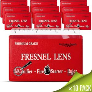 Fresnel Lens 4X Magnifier Pocket Wallet Credit Card Size • Ruler - Unbreakable Plastic for Home Office Classroom & Outdoor EDC Survival Kit Bushcraft (10 Pack Ruler/Magnifier - Red)